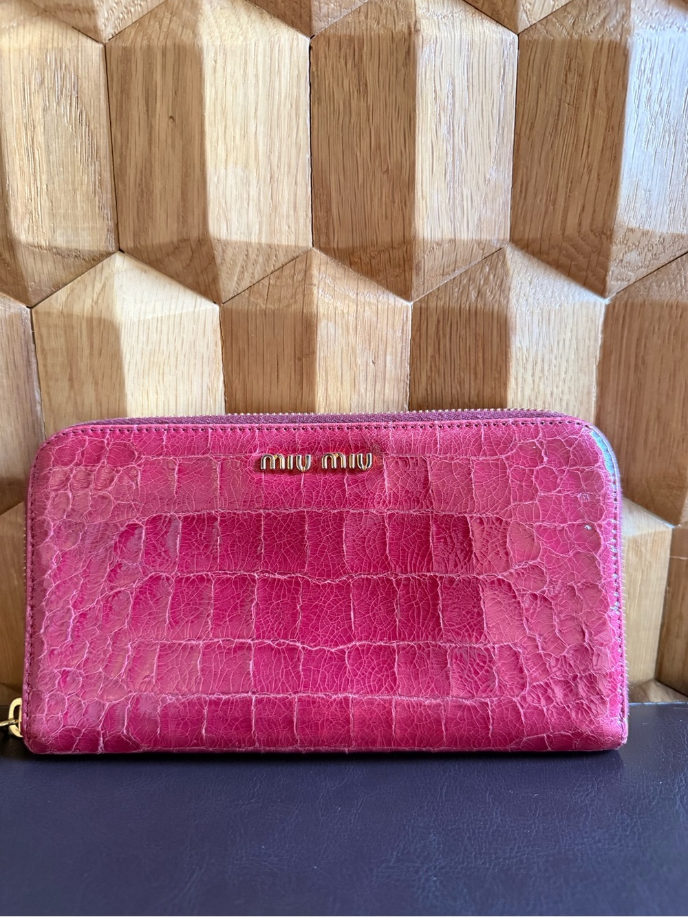 Miu Miu Hot Pink Croc-Embossed Zip Around Wallet